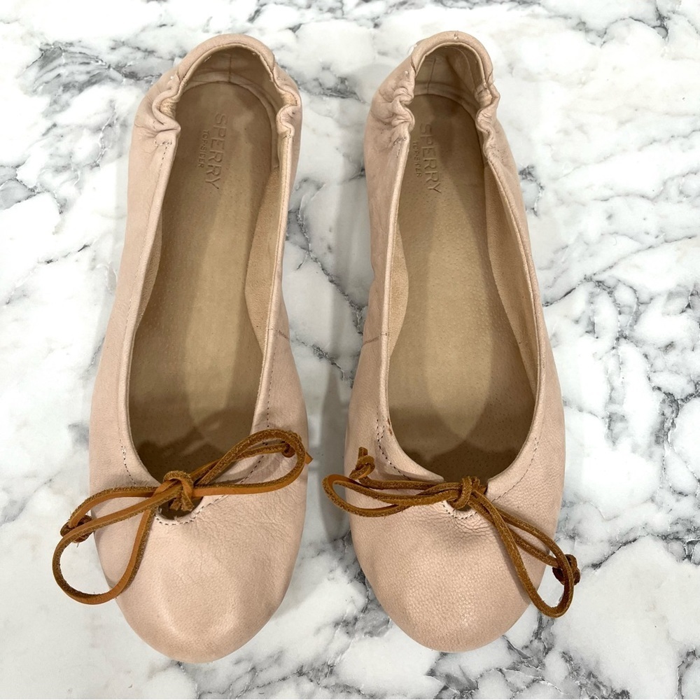 Sperry Thalia Rose leather ballet flat nude blush pink leather bow tie size 10